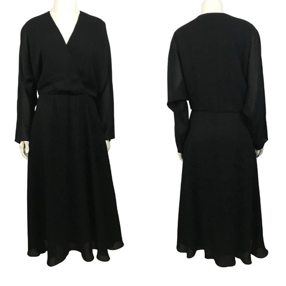 1980s Black Low Cut Dress Semi Sheer Dolman Sleeves / Women’s Medium * - Picture 3 of 4